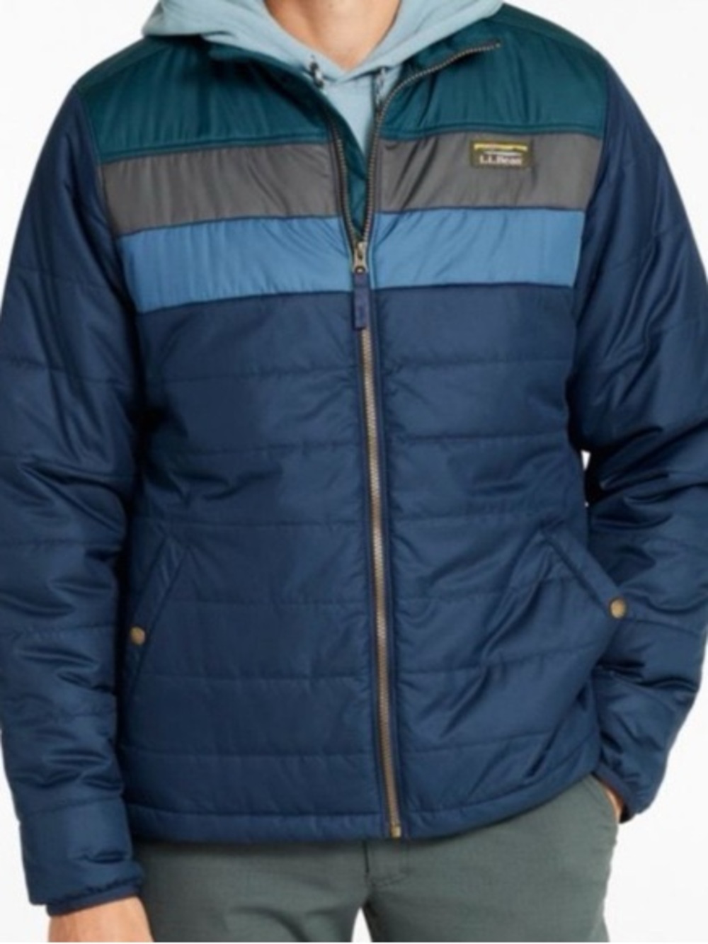 L.L. Bean Men's Navy Quilted Puffer with Teal and Slate Colorblock Yoke Size M